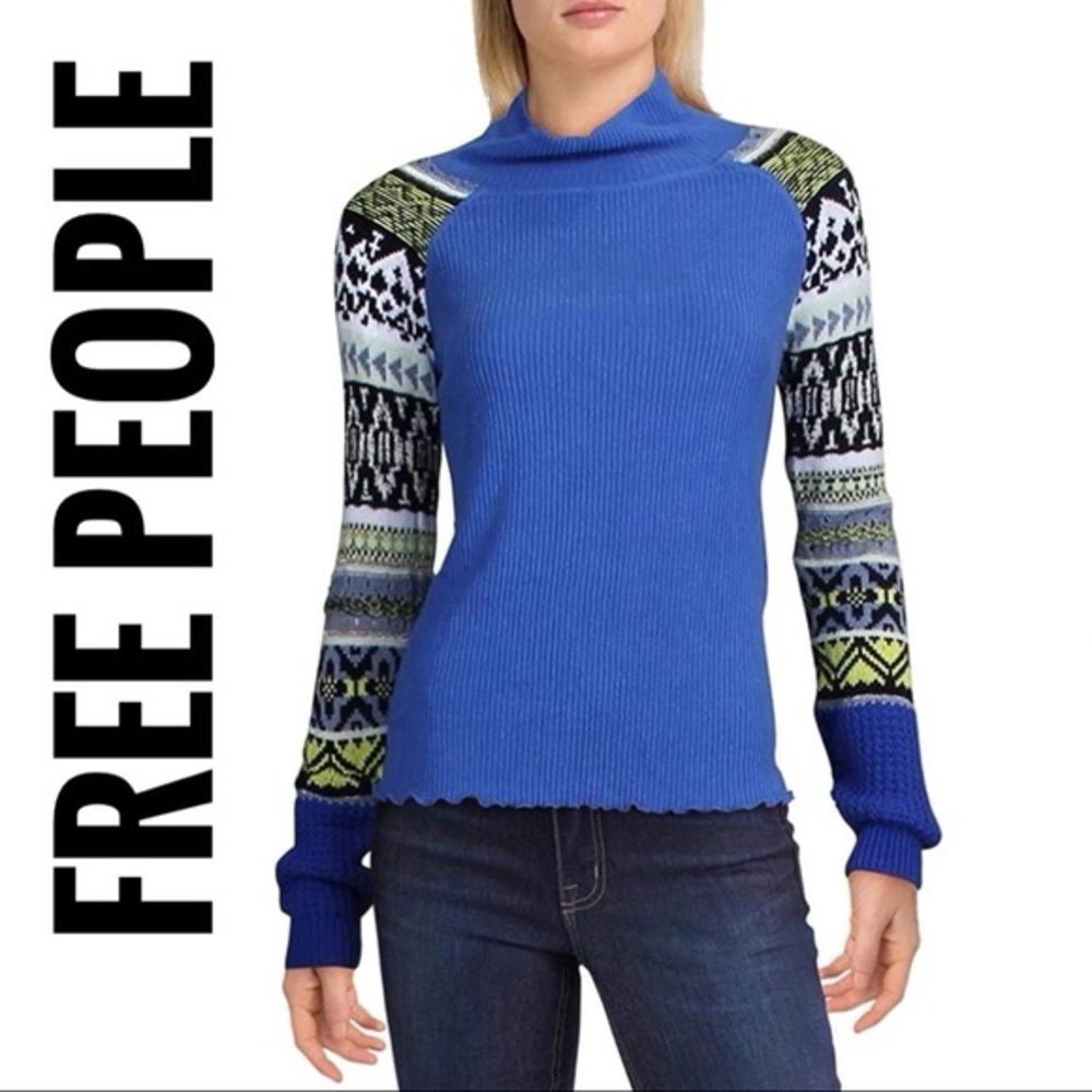 Free People Prism Fair Isle Thermal Knit Sweater Colorful Cozy Mock Neck Warm